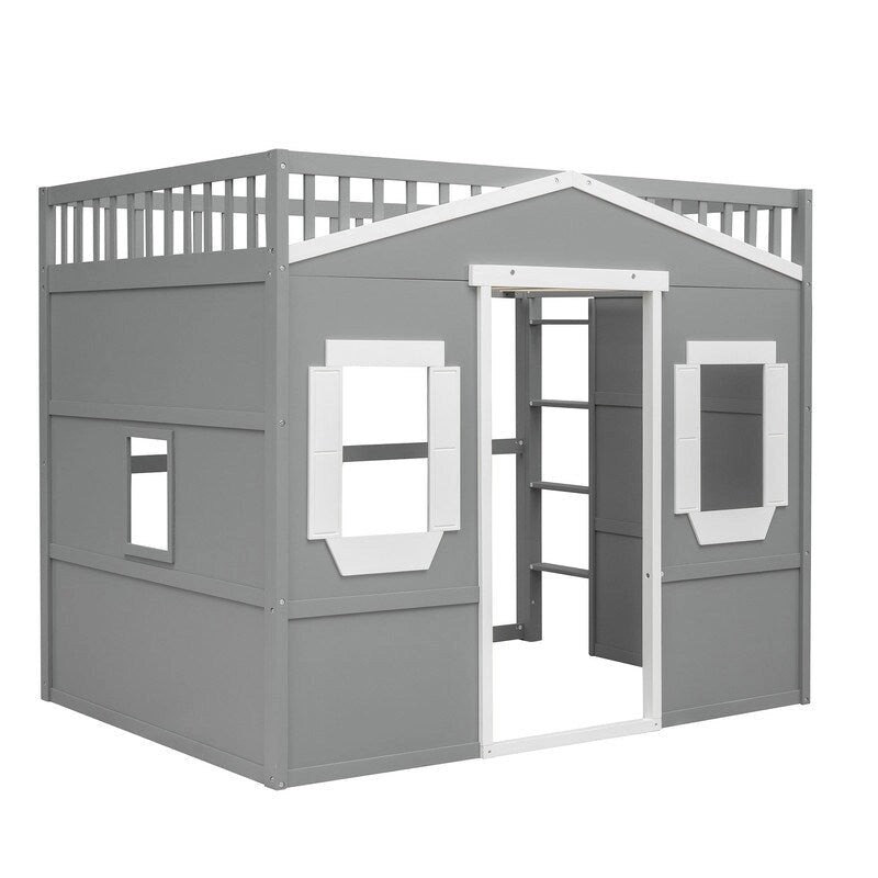 Full Size Wood Loft Bed, House Bed Frame with Ladder and Safety Guardrails for Kids, No Box Spring Needed