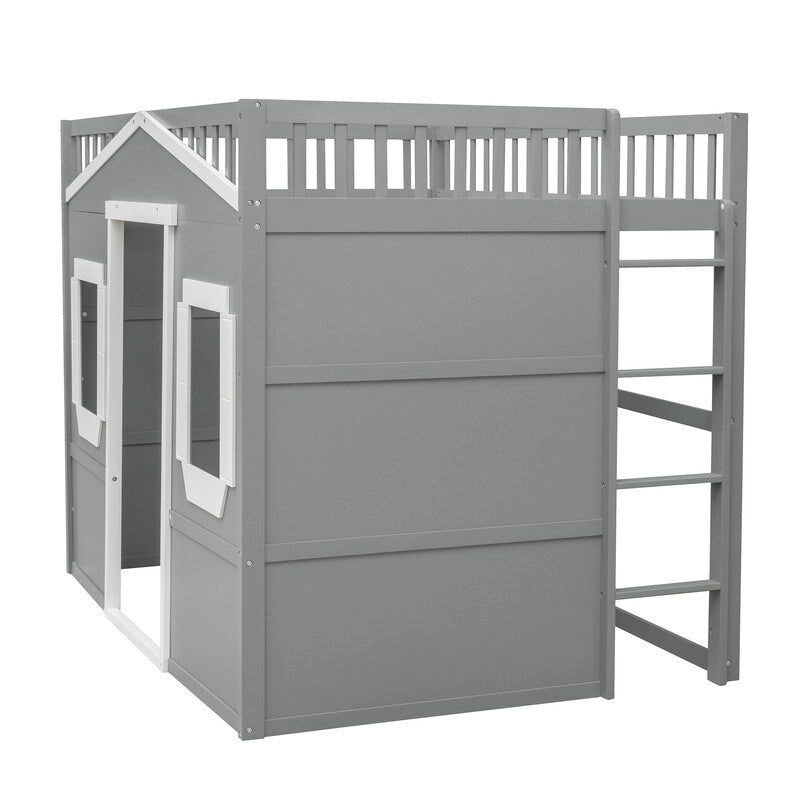 Lit mezzanine double en bois, cadre de lit cabane avec échelle et barrières de sécurité pour enfants, sans sommier nécessaire