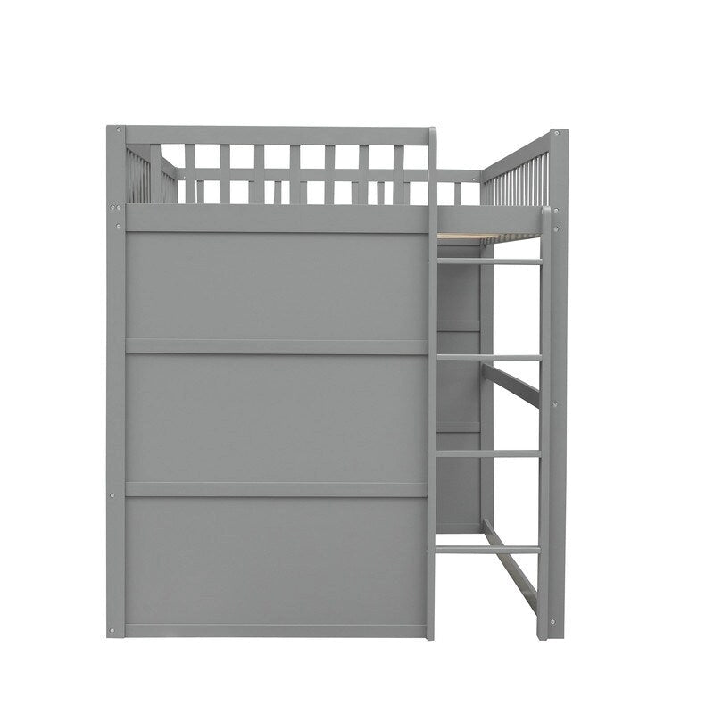 Lit mezzanine double en bois, cadre de lit cabane avec échelle et barrières de sécurité pour enfants, sans sommier nécessaire