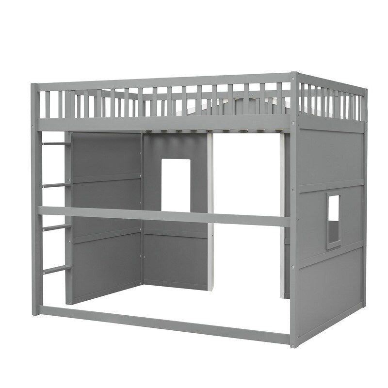 Lit mezzanine double en bois, cadre de lit cabane avec échelle et barrières de sécurité pour enfants, sans sommier nécessaire