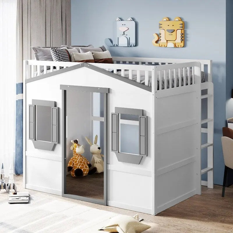Lit mezzanine double en bois, cadre de lit cabane avec échelle et barrières de sécurité pour enfants, sans sommier nécessaire