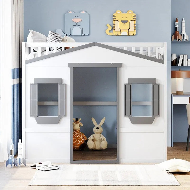 Lit mezzanine double en bois, cadre de lit cabane avec échelle et barrières de sécurité pour enfants, sans sommier nécessaire