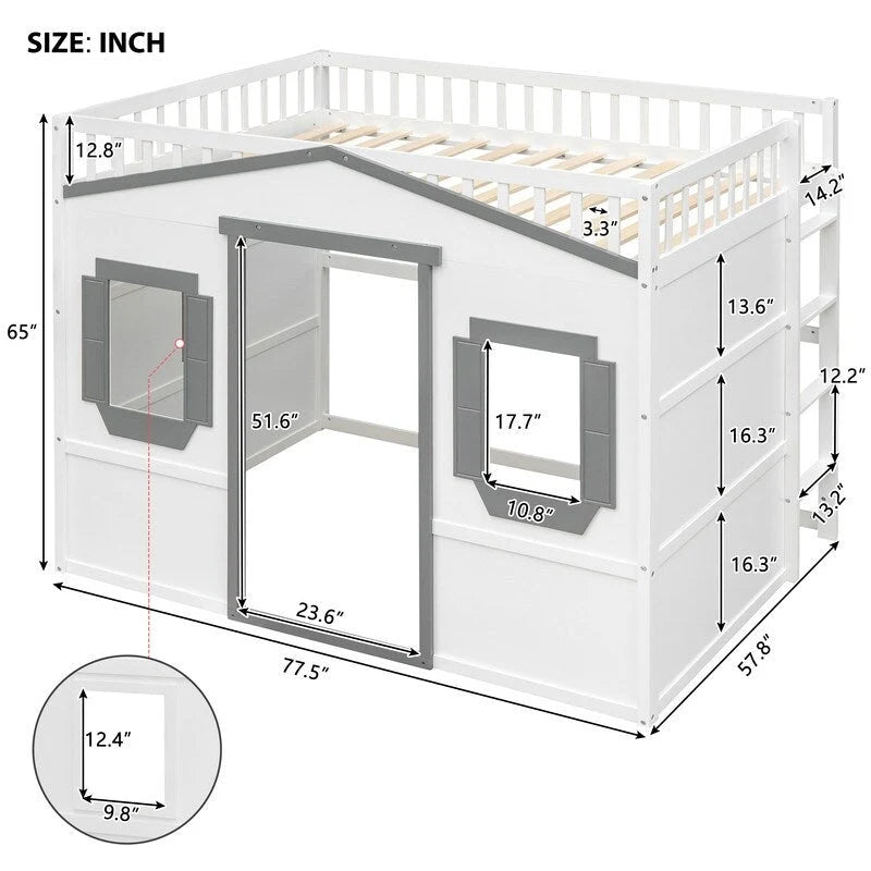 Lit mezzanine double en bois, cadre de lit cabane avec échelle et barrières de sécurité pour enfants, sans sommier nécessaire