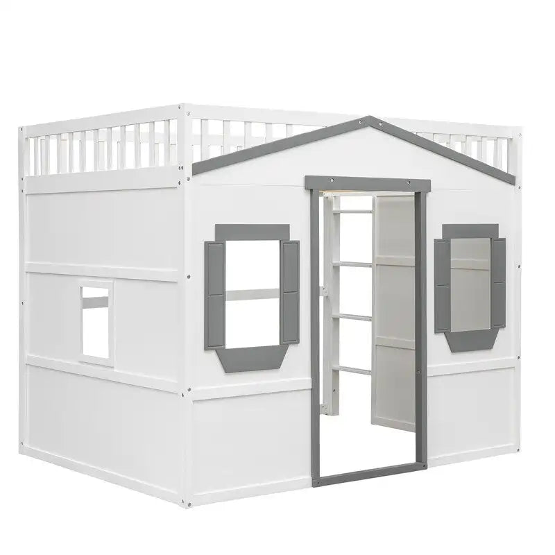 Lit mezzanine double en bois, cadre de lit cabane avec échelle et barrières de sécurité pour enfants, sans sommier nécessaire