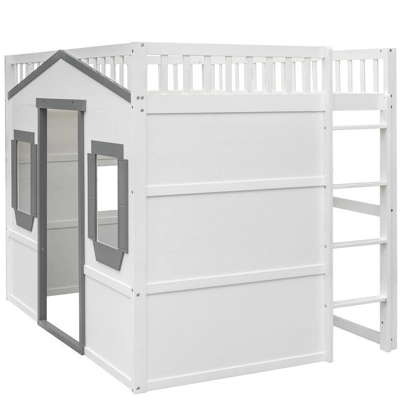 Lit mezzanine double en bois, cadre de lit cabane avec échelle et barrières de sécurité pour enfants, sans sommier nécessaire