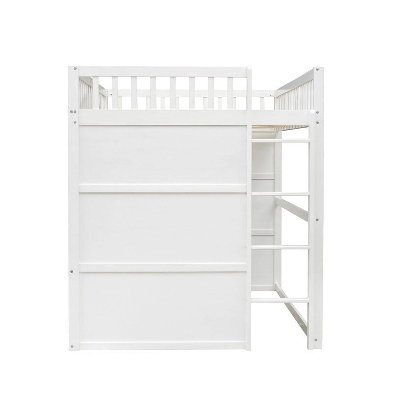 Lit mezzanine double en bois, cadre de lit cabane avec échelle et barrières de sécurité pour enfants, sans sommier nécessaire