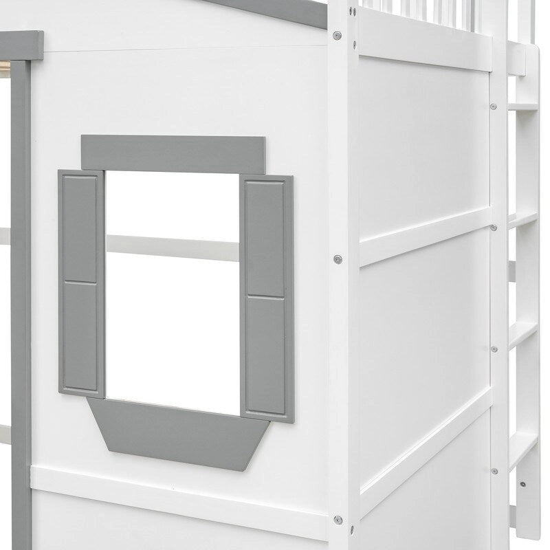 Lit mezzanine double en bois, cadre de lit cabane avec échelle et barrières de sécurité pour enfants, sans sommier nécessaire