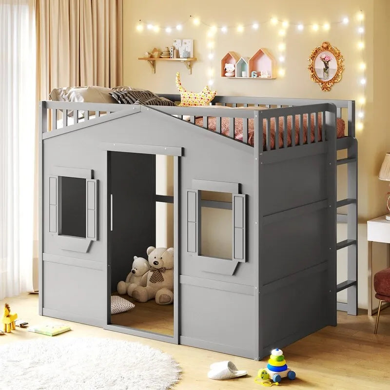 Lit mezzanine double en bois, cadre de lit cabane avec échelle et barrières de sécurité pour enfants, sans sommier nécessaire