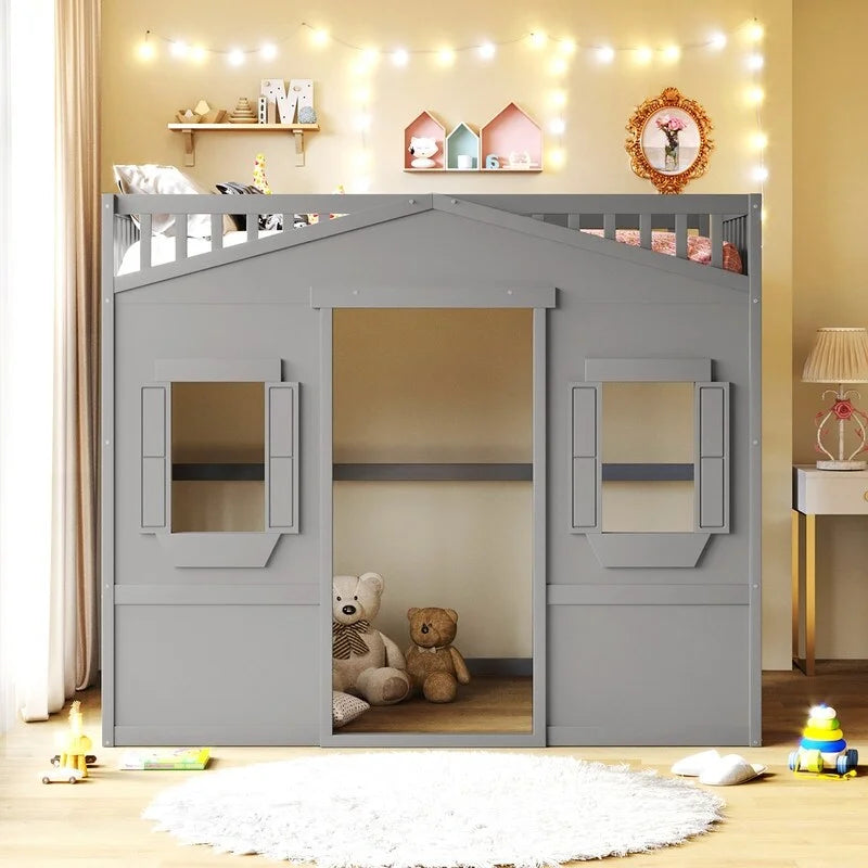 Lit mezzanine double en bois, cadre de lit cabane avec échelle et barrières de sécurité pour enfants, sans sommier nécessaire