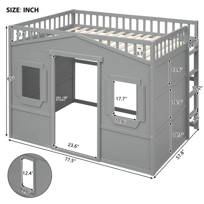 Lit mezzanine double en bois, cadre de lit cabane avec échelle et barrières de sécurité pour enfants, sans sommier nécessaire