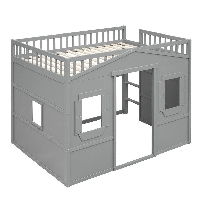 Lit mezzanine double en bois, cadre de lit cabane avec échelle et barrières de sécurité pour enfants, sans sommier nécessaire