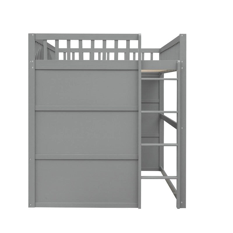 Lit mezzanine double en bois, cadre de lit cabane avec échelle et barrières de sécurité pour enfants, sans sommier nécessaire