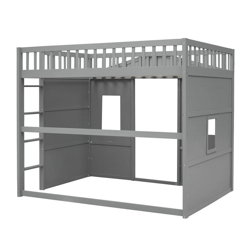 Lit mezzanine double en bois, cadre de lit cabane avec échelle et barrières de sécurité pour enfants, sans sommier nécessaire