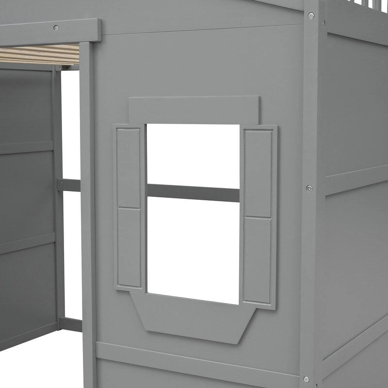 Lit mezzanine double en bois, cadre de lit cabane avec échelle et barrières de sécurité pour enfants, sans sommier nécessaire