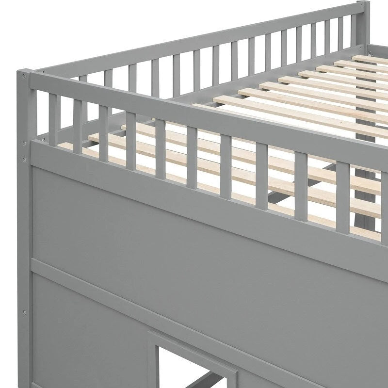 Lit mezzanine double en bois, cadre de lit cabane avec échelle et barrières de sécurité pour enfants, sans sommier nécessaire