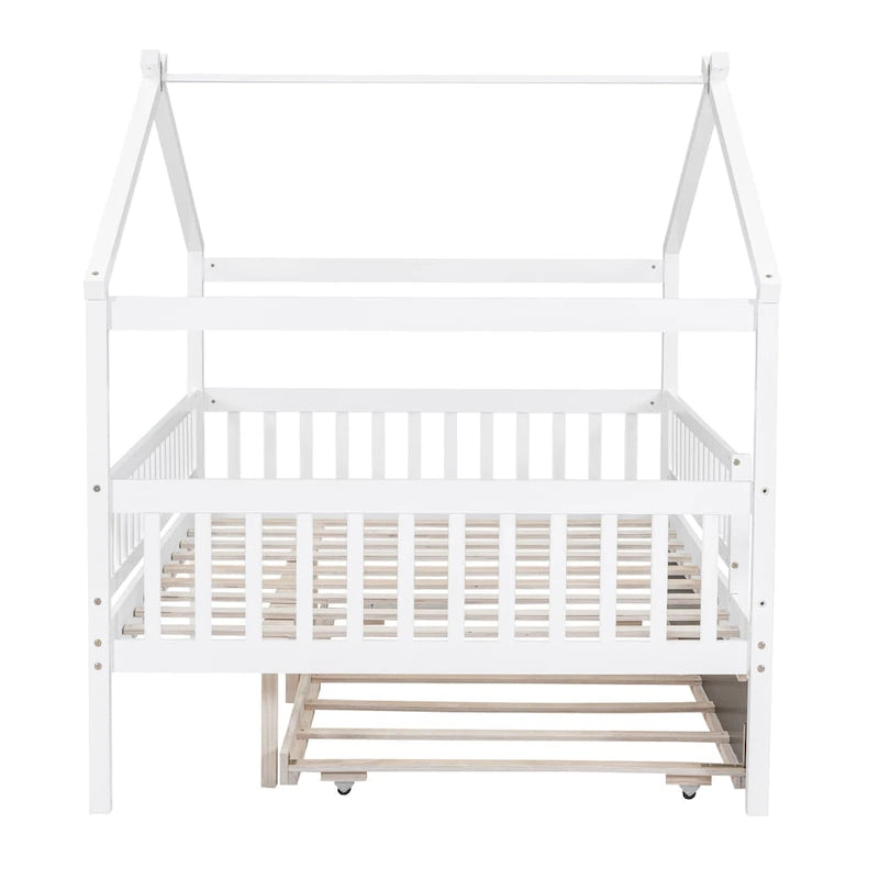 White Pine Wood House Bed with Twin Size Trundle, Full-Length Guardrail