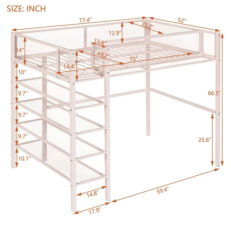 Twin Size Modern Metal Loft Bed with 4-Tier Shelves and Storage