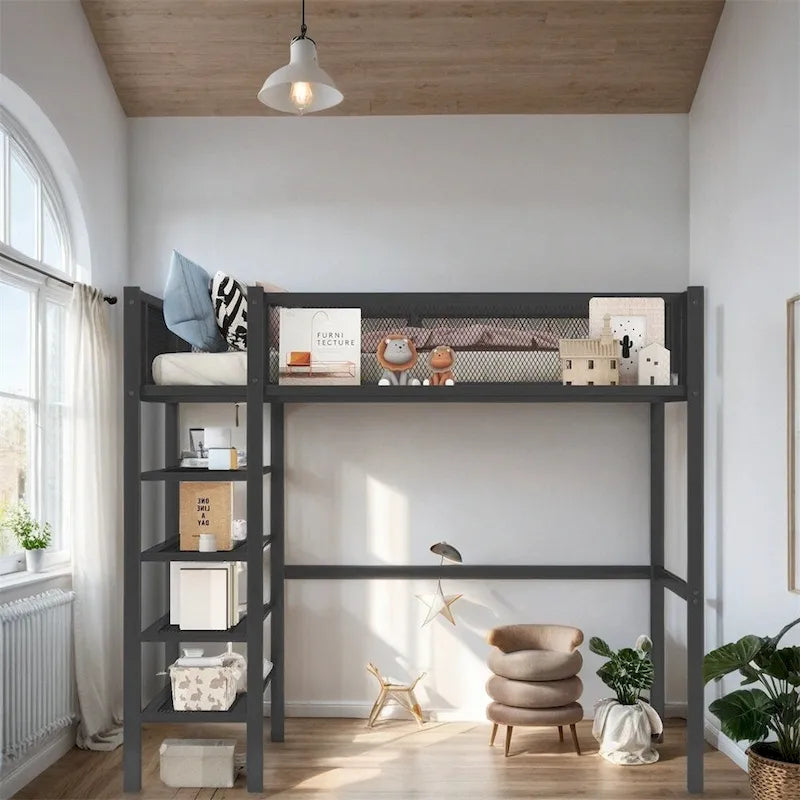 Twin Size Modern Metal Loft Bed with 4-Tier Shelves and Storage