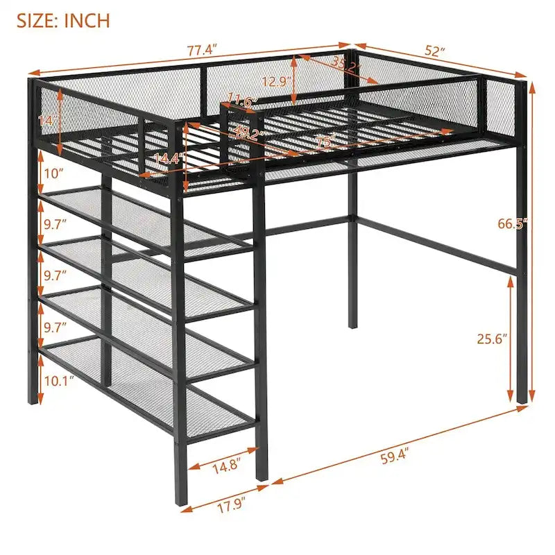 Twin Size Modern Metal Loft Bed with 4-Tier Shelves and Storage