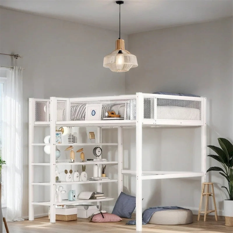 Twin Size Modern Metal Loft Bed with 4-Tier Shelves and Storage