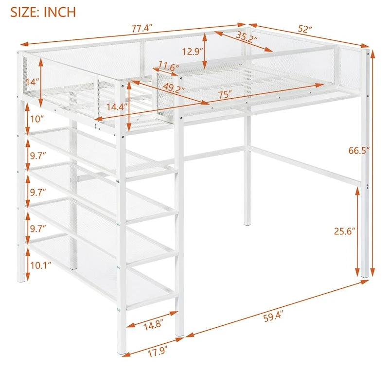Twin Size Modern Metal Loft Bed with 4-Tier Shelves and Storage
