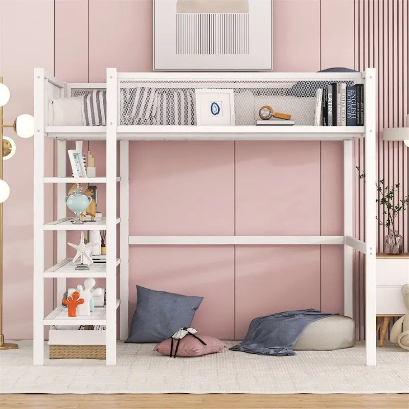 Twin Size Modern Metal Loft Bed with 4-Tier Shelves and Storage
