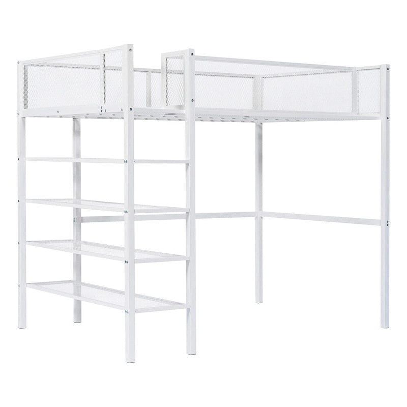 Twin Size Modern Metal Loft Bed with 4-Tier Shelves and Storage