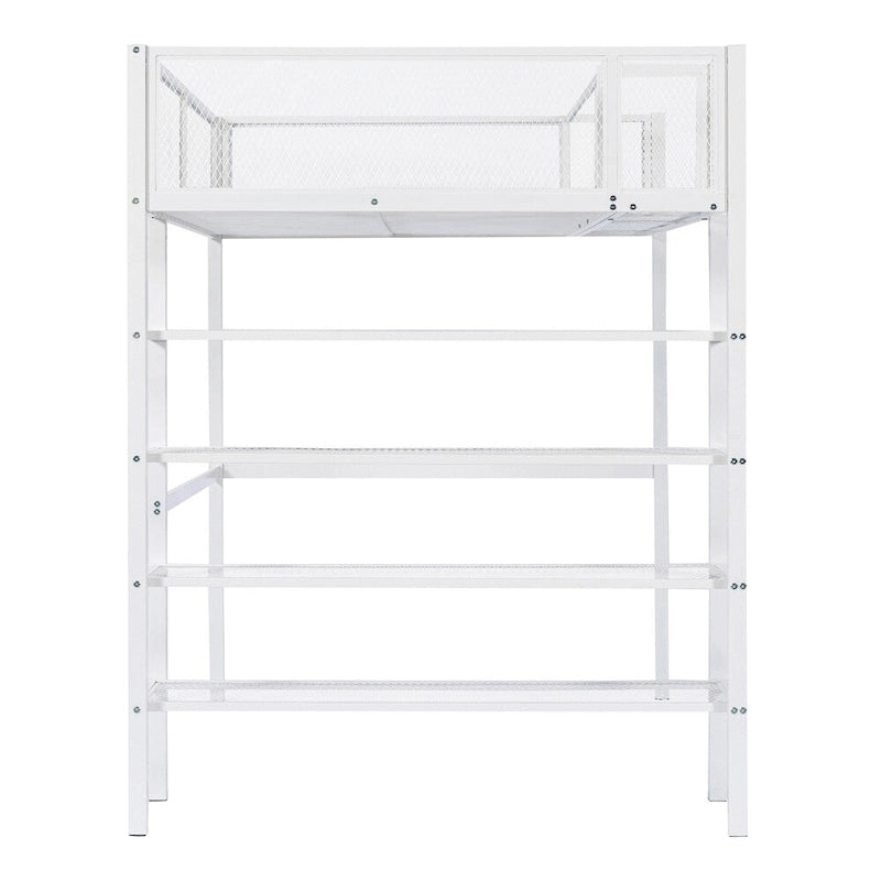 Twin Size Modern Metal Loft Bed with 4-Tier Shelves and Storage