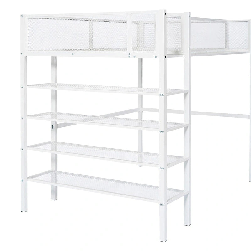 Twin Size Modern Metal Loft Bed with 4-Tier Shelves and Storage