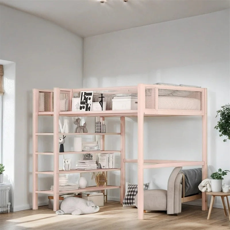 Twin Size Modern Metal Loft Bed with 4-Tier Shelves and Storage