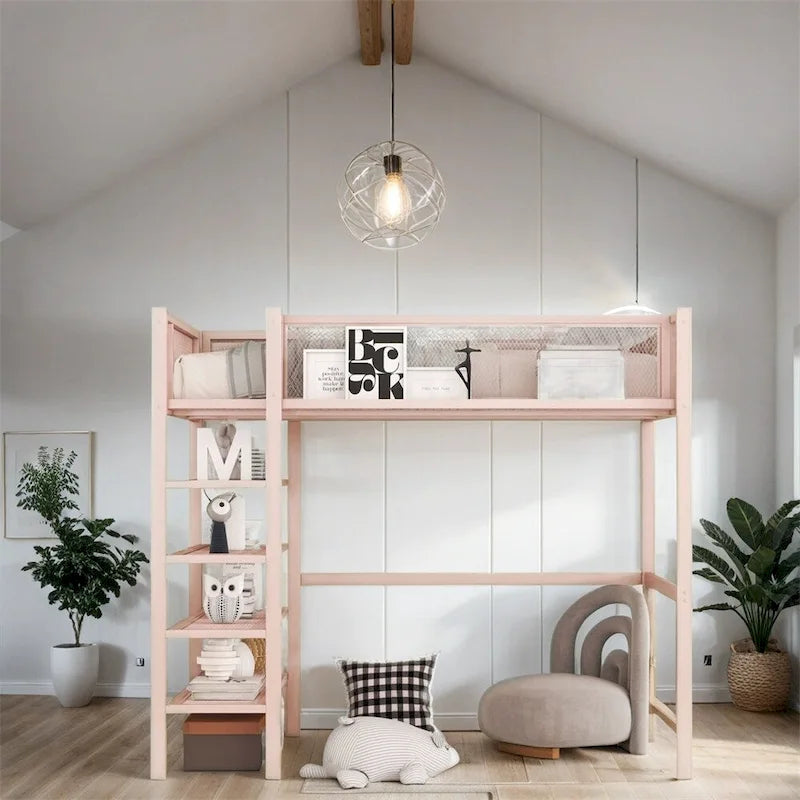 Twin Size Modern Metal Loft Bed with 4-Tier Shelves and Storage