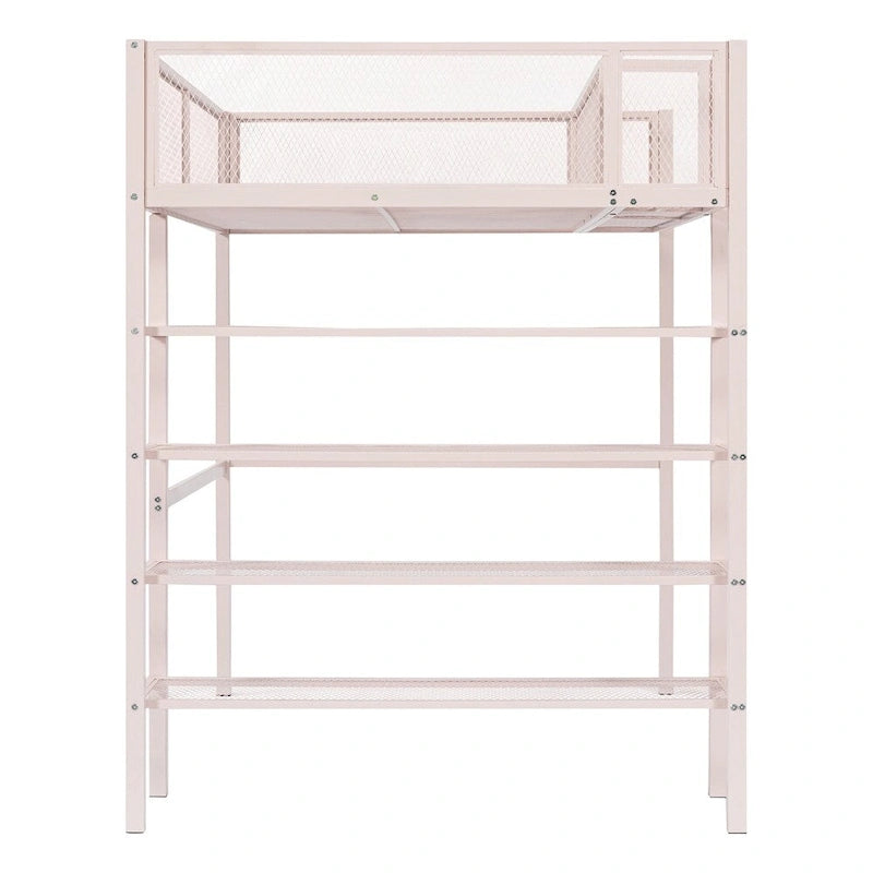 Twin Size Modern Metal Loft Bed with 4-Tier Shelves and Storage