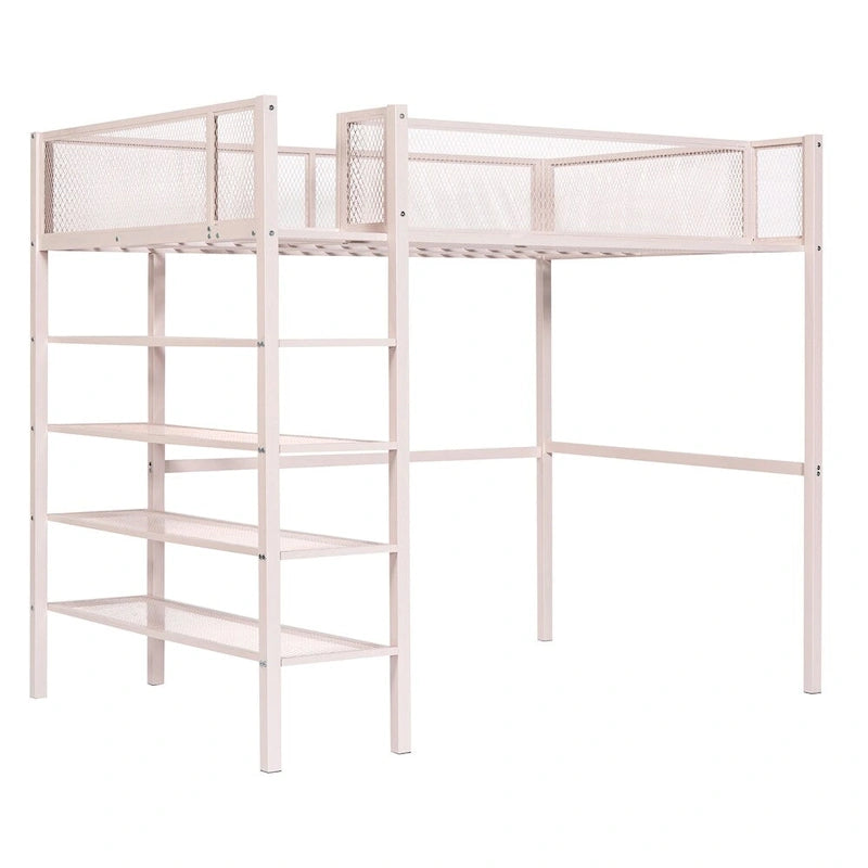 Twin Size Modern Metal Loft Bed with 4-Tier Shelves and Storage