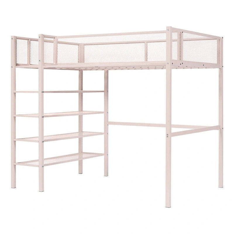 Twin Size Modern Metal Loft Bed with 4-Tier Shelves and Storage