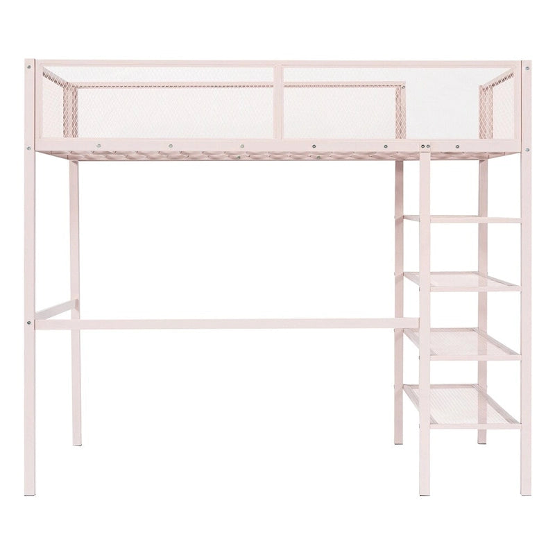 Twin Size Modern Metal Loft Bed with 4-Tier Shelves and Storage