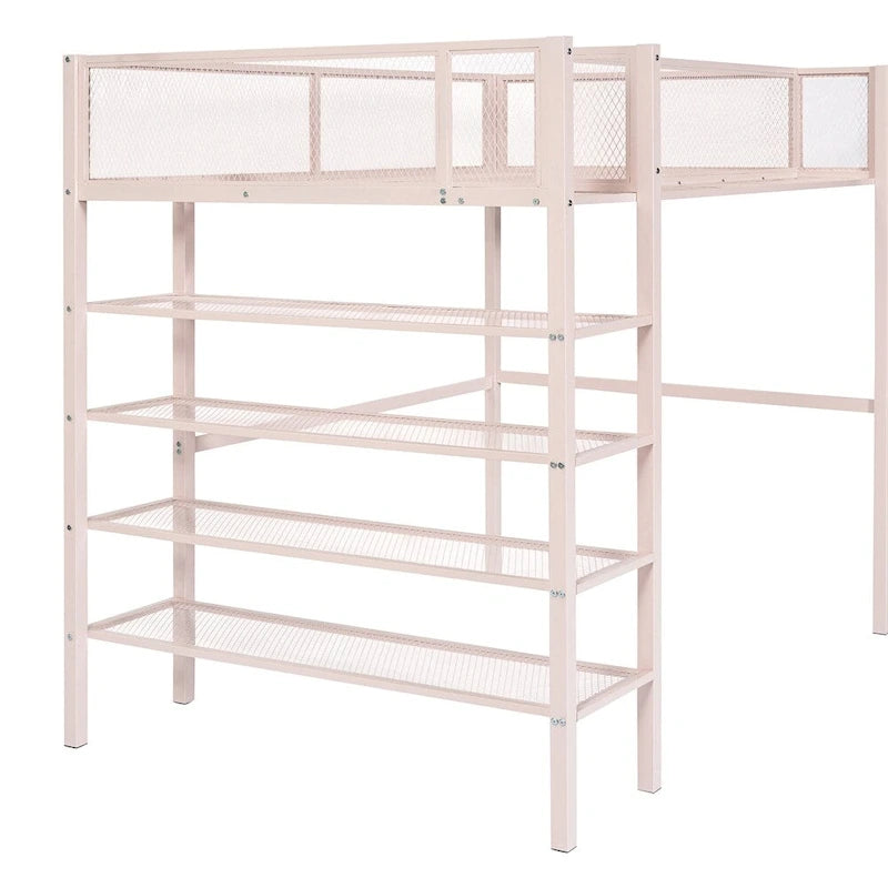 Twin Size Modern Metal Loft Bed with 4-Tier Shelves and Storage