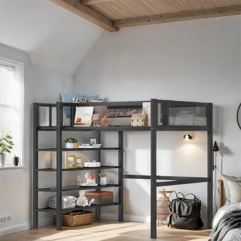 Twin Size Modern Metal Loft Bed with 4-Tier Shelves and Storage