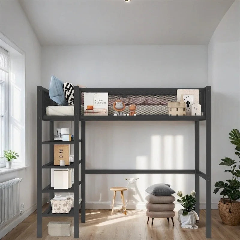 Twin Size Modern Metal Loft Bed with 4-Tier Shelves and Storage