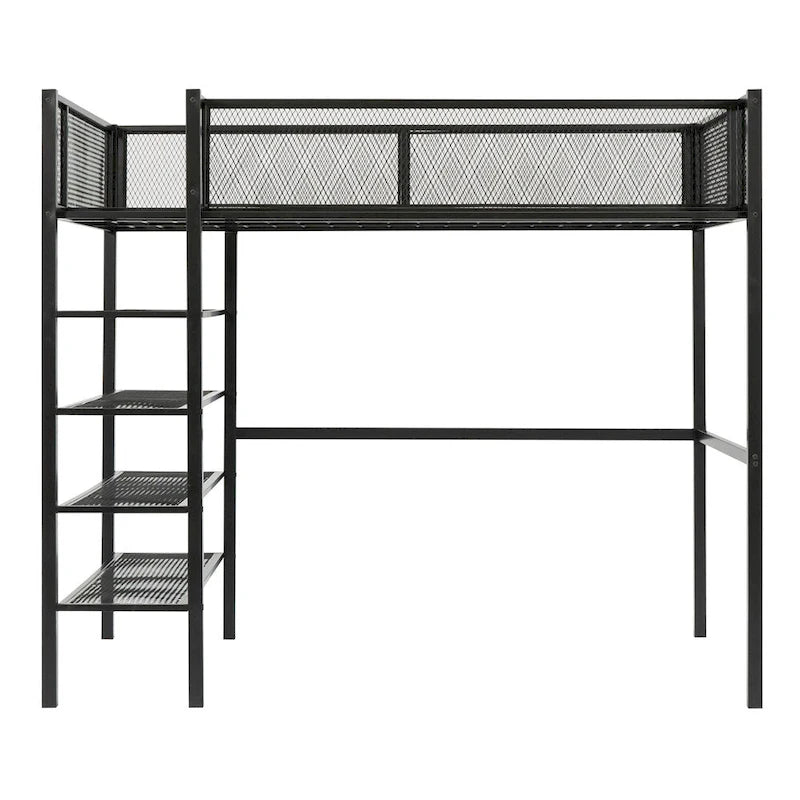 Twin Size Modern Metal Loft Bed with 4-Tier Shelves and Storage