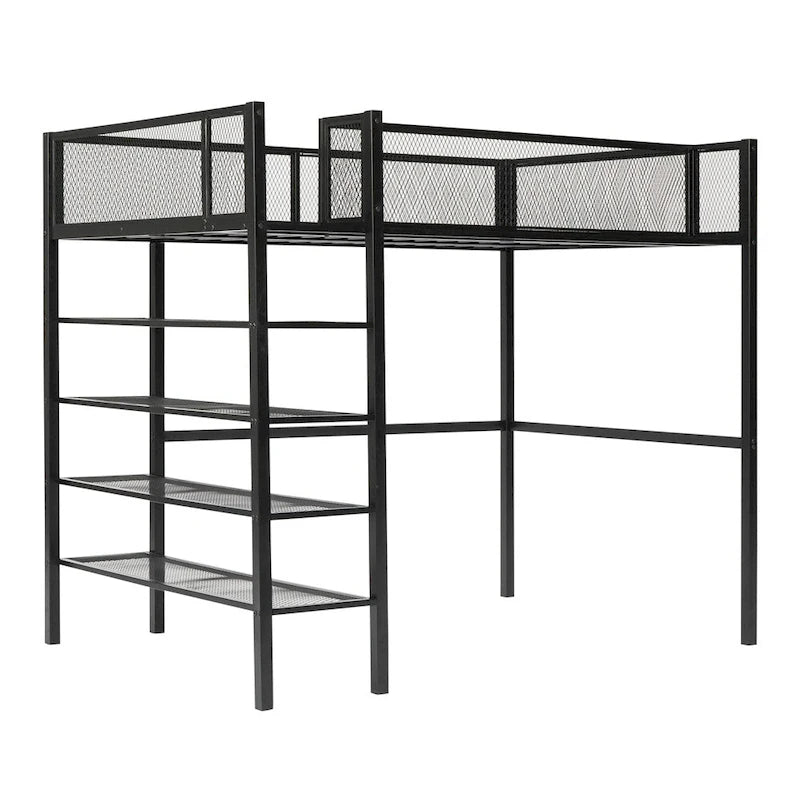 Twin Size Modern Metal Loft Bed with 4-Tier Shelves and Storage