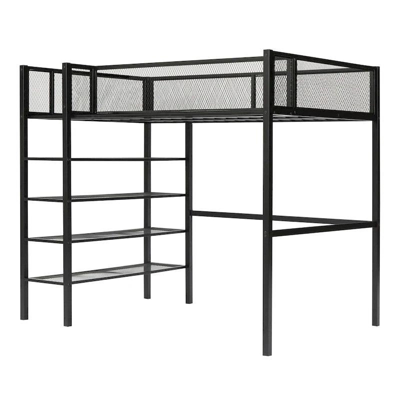 Twin Size Modern Metal Loft Bed with 4-Tier Shelves and Storage