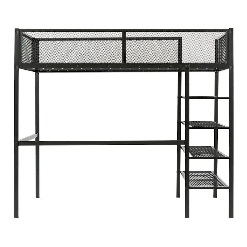 Twin Size Modern Metal Loft Bed with 4-Tier Shelves and Storage