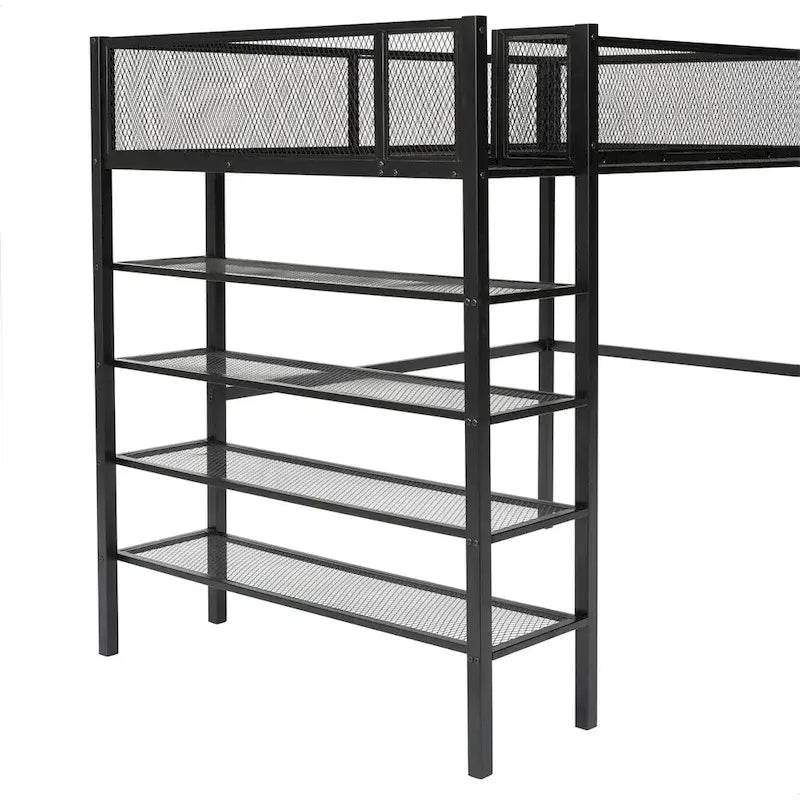 Twin Size Modern Metal Loft Bed with 4-Tier Shelves and Storage