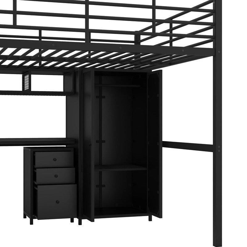 Letto a soppalco in metallo con guardaroba, tavolo, cassetto e scala a 4 gradini