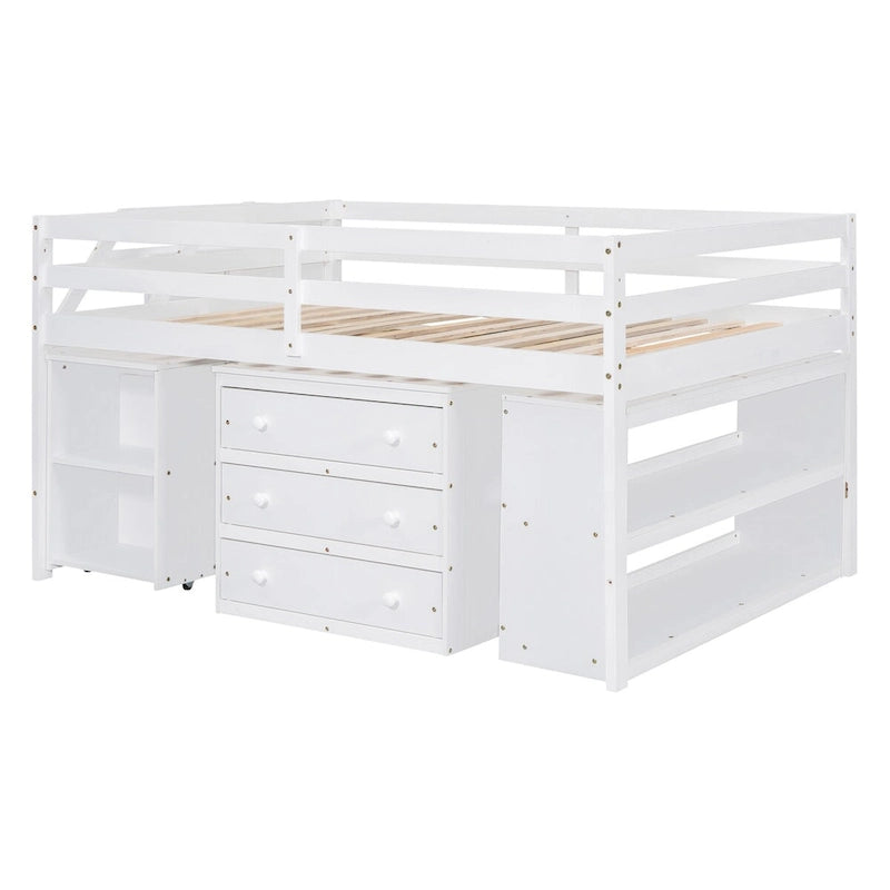 Letto a soppalco Full bianco in legno massello con scrivania estraibile, scala contenitore, cassetti contenitore e ripiani