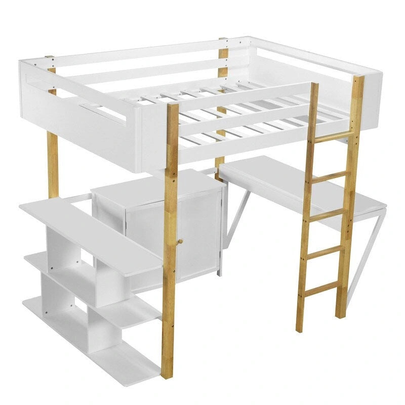 Twin Size Wood Loft Bed With Built-in Storage Cabinet and Shelf, Foldable Desk