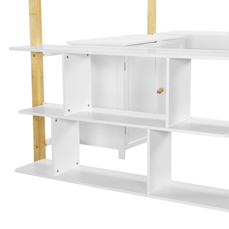 Twin Size Wood Loft Bed With Built-in Storage Cabinet and Shelf, Foldable Desk