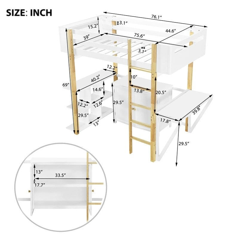 Twin Size Wood Loft Bed With Built-in Storage Cabinet and Shelf, Foldable Desk