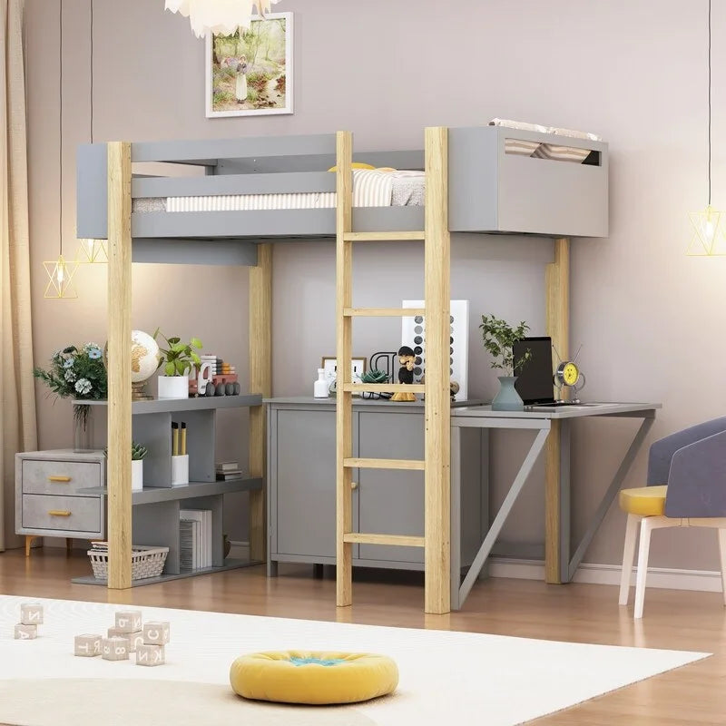 Twin Size Wood Loft Bed With Built-in Storage Cabinet and Shelf, Foldable Desk