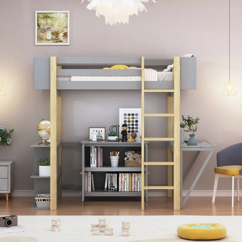 Twin Size Wood Loft Bed With Built-in Storage Cabinet and Shelf, Foldable Desk